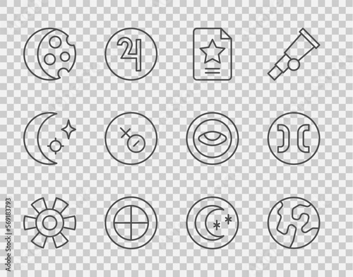 Set line Sun, Earth globe, Star constellation zodiac, Eclipse of the sun, Venus symbol, Moon and stars and Pisces icon. Vector
