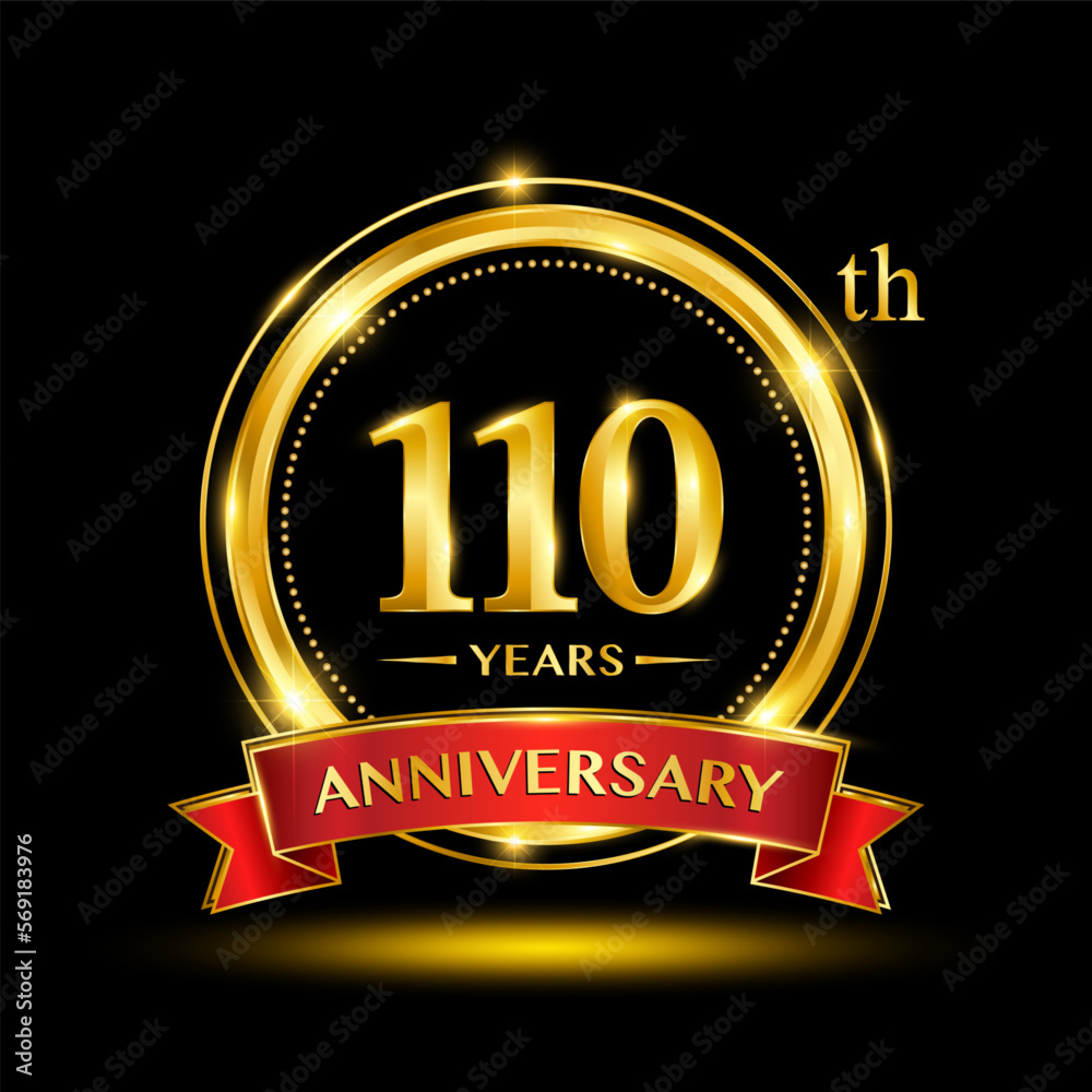 110th Anniversary logo with emblem shape. Logo design with gold ring and red ribbon for birthday celebration event. Logo Vector Template 110th Anniversary logo with emblem shape. Logo design with gold ring and red ribbon for birthday celebration event. Logo Vector Template