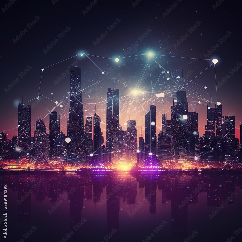 Contemporary city with a wireless network connection and a cityscape concept. Concept of wireless network and connection technology with city background, generative ai