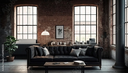 Industrial chic loft with exposed brick walls, concrete floors and a stylish black sofa. generative ai © Neo
