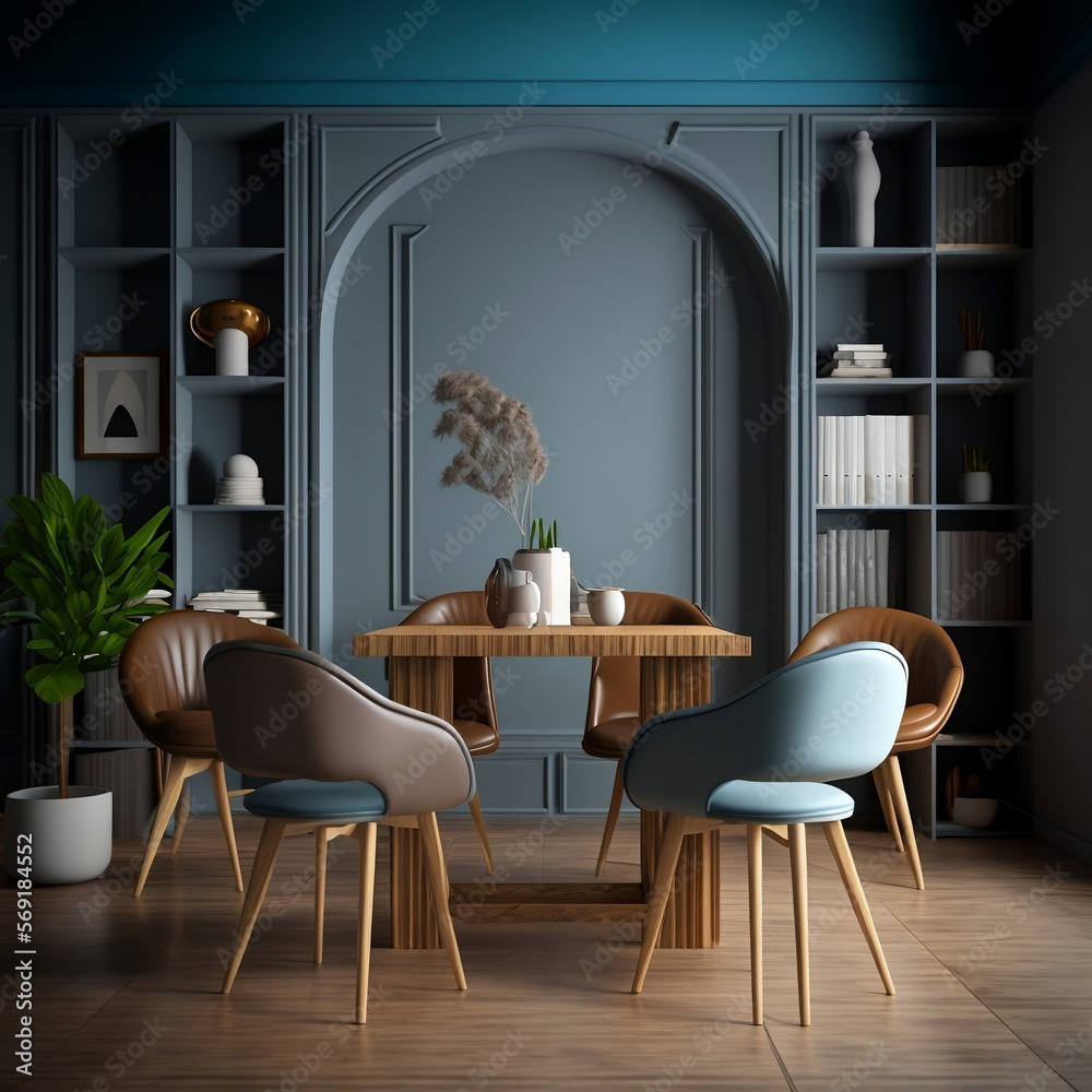Illustrazione Stock Interior design con tavolo e sedie in legno. Sala da  pranzo moderna con parete marrone e blu grigio. Interior design di  libreria, Interno domestico. rappresentazione 3d