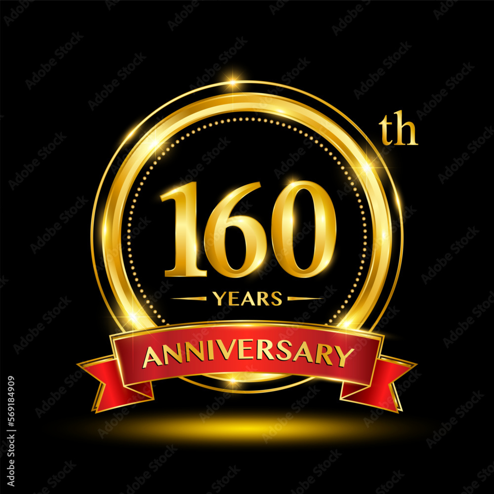 160th Anniversary logo with emblem shape. Logo design with gold ring and red ribbon for birthday celebration event. Logo Vector Template 160th Anniversary logo with emblem shape. Logo design with gold ring and red ribbon for birthday celebration event. Logo Vector Template