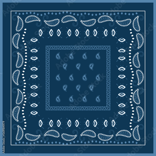 Blue bandana kerchief paisley fabric patchwork abstract vector seamless pattern