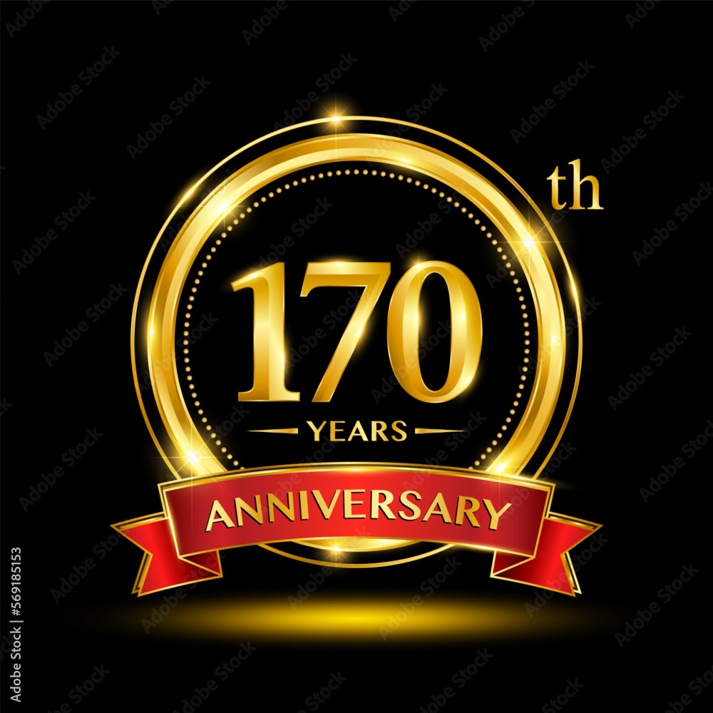 170th Anniversary logo with emblem shape. Logo design with gold ring and red ribbon for birthday celebration event. Logo Vector Template 170th Anniversary logo with emblem shape. Logo design with gold ring and red ribbon for birthday celebration event. Logo Vector Template