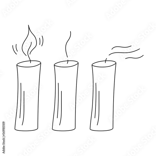 
Vector candle set with fire, extinguished candle with smog and the candle end 
