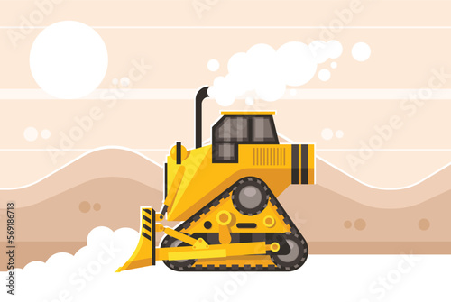 Heavy bulldozer on tracks digging site landscape. Vector graphics