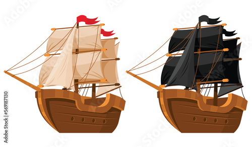 Wooden sailing ships. Sail boats with white and black sails. Cartoon set of old wooden ships, vintage galleons on white background. Vector graphics