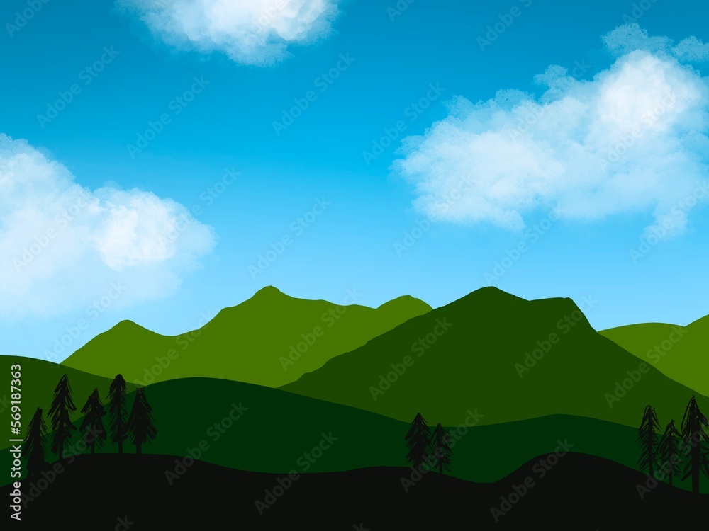 爽やかな青空と空気が澄んでいる山々のイメージ背景、壁紙