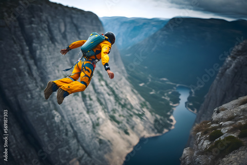 Extreme athlete jumps from a cliff canyon in a mountainous area with a river at the bottom. Generative AI technology.