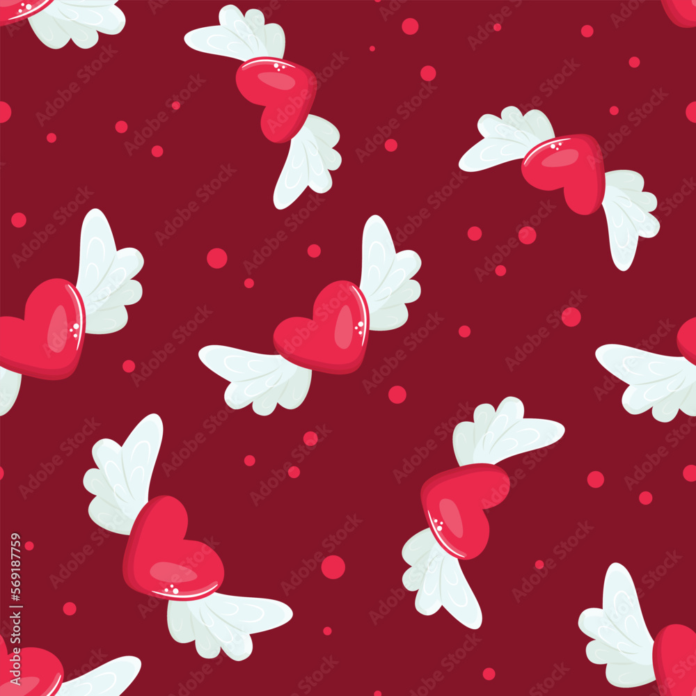 Red love heart seamless pattern. Seamless pattern with flying hearts on the pink background. For textile, paper, wallpaper, packaging, cards.