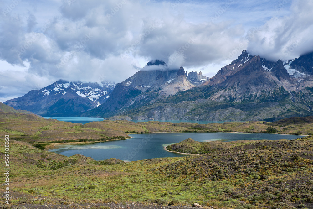 mountain view of torres del paine in chile with river mountain view of torres del paine in chile with river