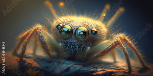 Tarantula spider closeup macro portrait stand on ground with defocused background. Generative AI illustration.