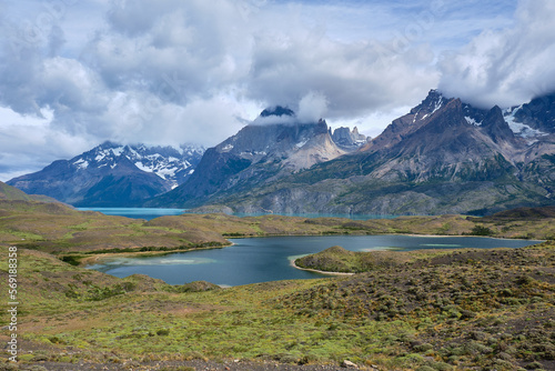 mountain view of torres del paine in chile with river