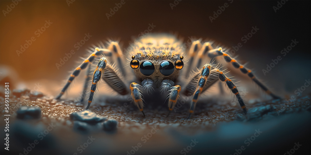 Tarantula spider closeup macro portrait stand on ground with defocused background. Generative AI illustration. Tarantula spider closeup macro portrait stand on ground with defocused background. Generative AI illustration.
