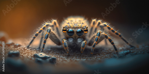 Tarantula spider closeup macro portrait stand on ground with defocused background. Generative AI illustration.
