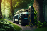 The EV car is charging electrical fuel at the EV station in greenery forest environment. Go green vehicle concept. Generative Ai image. 