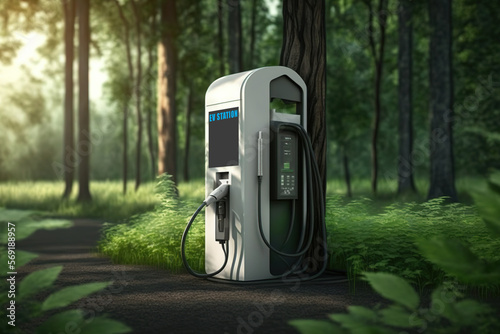 Vehicle EV charging station which is placed among the greenery forest environment, New technology for clean energy concept. Generative Ai image.