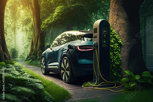 Fototapet The EV car is charging electrical fuel at the EV station in greenery forest environment