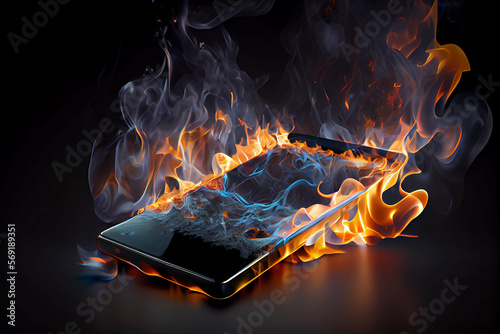 A burning black smartphone on dark background. Inflammation of cellphone accumulator.
