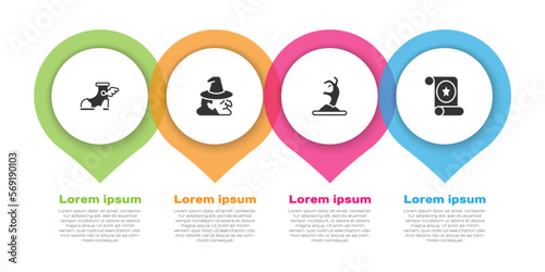 Set Hermes sandal, Witch, Zombie hand and Magic scroll. Business infographic template. Vector
