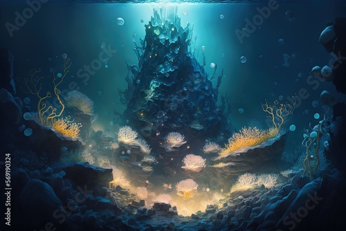  a painting of a underwater scene with corals and corals on the bottom of the ocean floor and a large tree in the middle of the water.  generative ai