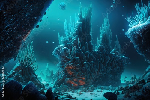  an underwater scene with corals and sponges on the bottom of the ocean floor and water bubbles on the bottom of the ocean floor.  generative ai