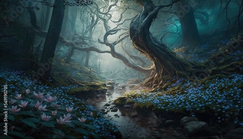  a painting of a forest with blue flowers and a stream in the middle of the woods with a light shining on the trees and the ground.  generative ai