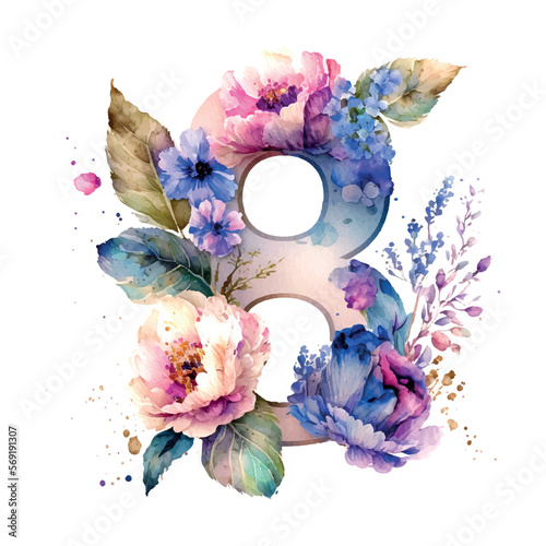 Hyacinth, Tulips and roses background in watercolor style, greeting card for 8 March holiday.