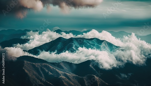  a view of a mountain range with clouds in the sky and a bird's eye view of the mountain range in the foreground. generative ai