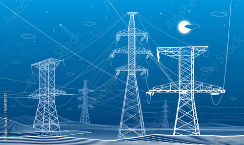 High voltage transmission systems. Electric pole. Energy pylons. Power lines. A network of interconnected electrical. White otlines on blue background. Vector design illustration