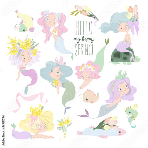 Cartoon Set with Cute Mermaids and Spring Flowers