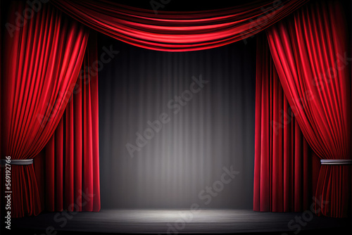 Empty scene with a red curtain and spotlight. Open theatrical stage curtain. Generative AI
