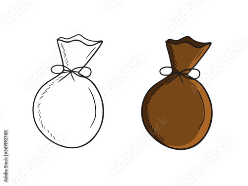 Brown tissue bag with string and bow with money coins in black isolated on white background. Hand drawn vector sketch illustration in engraved vintage outline style. Wealth, package, gift, jewellery.