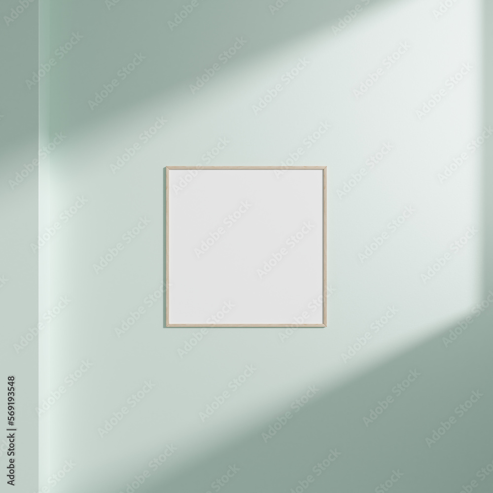 Minimal empty frame picture mockup hanging on white wall background with window light and shadow Minimal empty frame picture mockup hanging on white wall background with window light and shadow