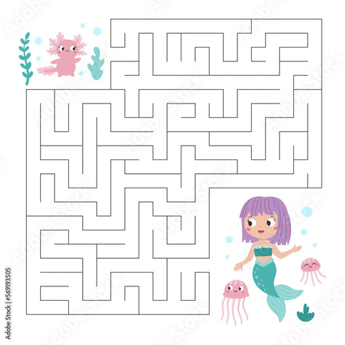 Maze game for kids. Help the axolotl find right way to mermaid. Cute cartoon fairy tale characters. Educational puzzle. Printable activity page for children workbook. Vector illustration.