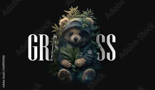 Plush cute bear doll in an embrace with a marijuana bush on a black background. For street style t shirt design graphic. Vector illustration