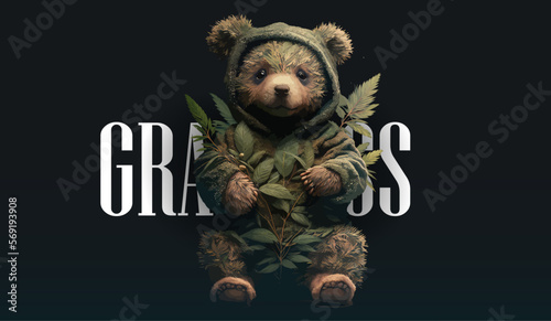 Plush cute bear doll in an embrace with a marijuana bush on a black background. For street style t shirt design graphic. Vector illustration	
