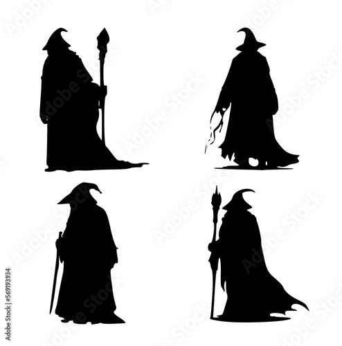 Silhouette of a wizard in a robe isolated on white background. Black logo of a magician. Black and white vector set of a witch.	