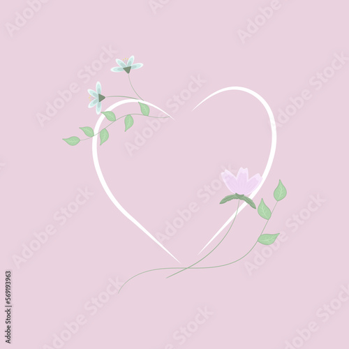 Card with heart and flowers on a pink background. This maybe a wallpaper, decoration, card for celebration, wedding, frame.