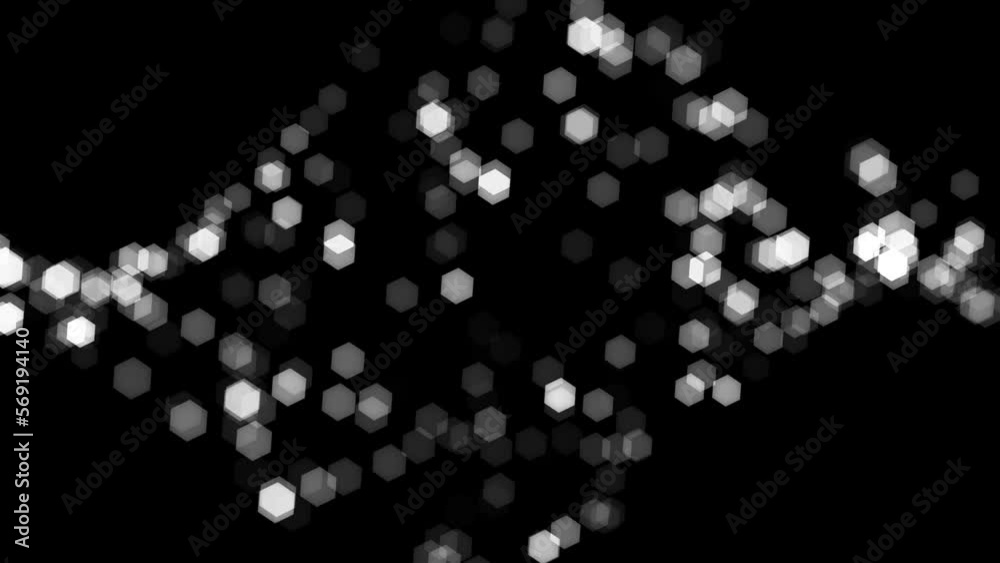 black background with blurred white bokeh lights in circles and hexagon shapes in diagonal pattern, dark night sky with glittering stars. 60 fps 3D animation black background with blurred white bokeh lights in circles and hexagon shapes in diagonal pattern, dark night sky with glittering stars. 60 fps 3D animation