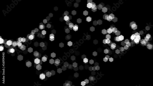 black background with blurred white bokeh lights in circles and hexagon shapes in diagonal pattern, dark night sky with glittering stars. 60 fps 3D animation