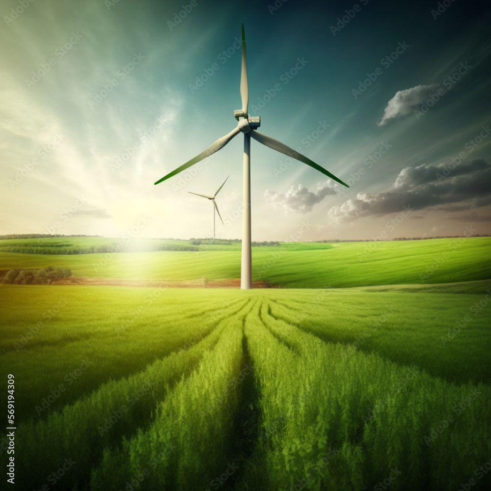 Fototapeta premium wind turbines convert wind energy to electricity, natural clean power for homes, businesses, and communities by Generative AI