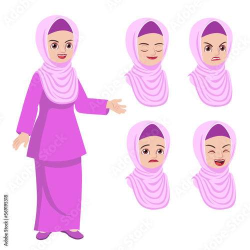 Malay woman in traditional dress and face expression set