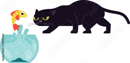 Cat hunts for fish in aquarium flat icon