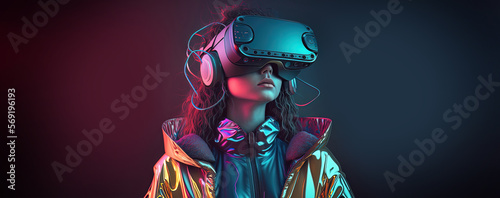 Metaverse technology neon concept. Woman with VR virtual reality goggles. Neon light. AI