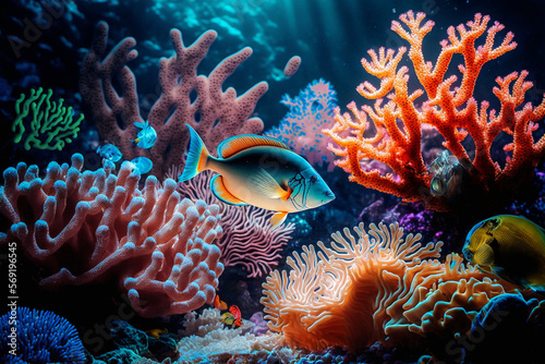 beautiful colorful sea fish along the coral reef  Generative AI
