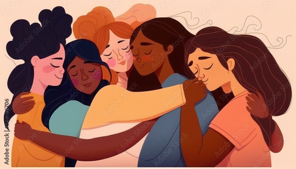 Woman's Day, 8 of March, embrace equity, diverse women hugging herself, generative ai Woman's Day, 8 of March, embrace equity, diverse women hugging herself, generative ai
