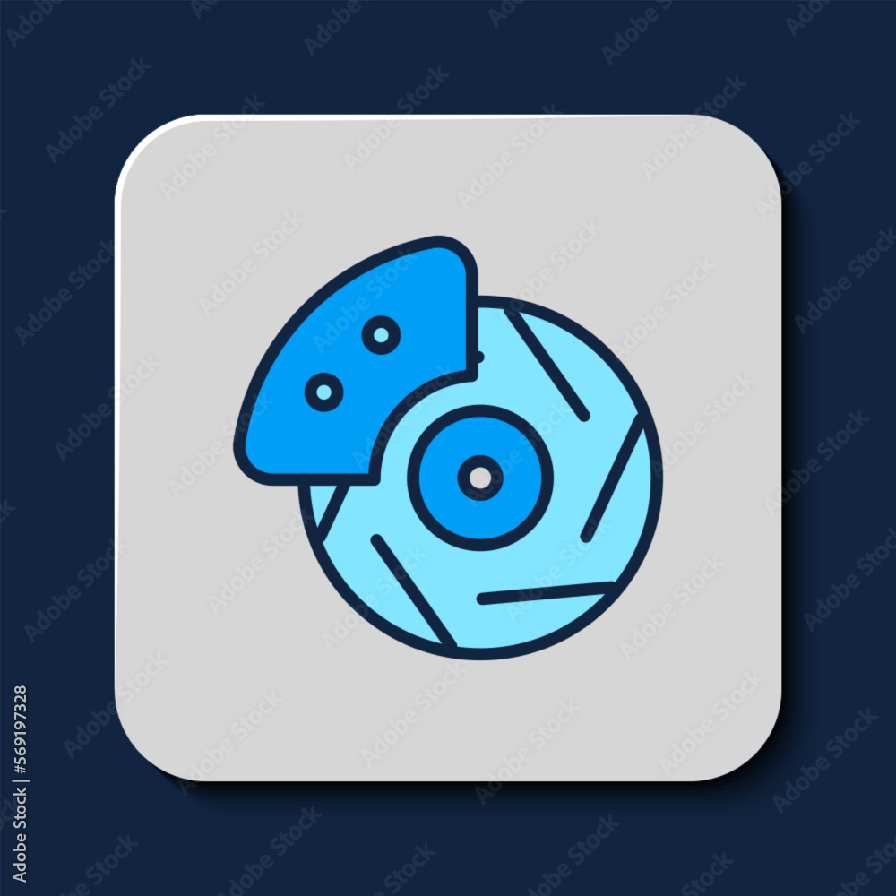 Filled outline Car brake disk with caliper icon isolated on blue background. Vector Filled outline Car brake disk with caliper icon isolated on blue background. Vector