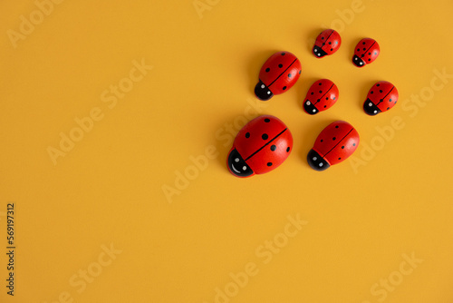 Wooden minimalist ladybugs on a yellow background. Top view of cute colorful toy wooden ladybirds with copy space