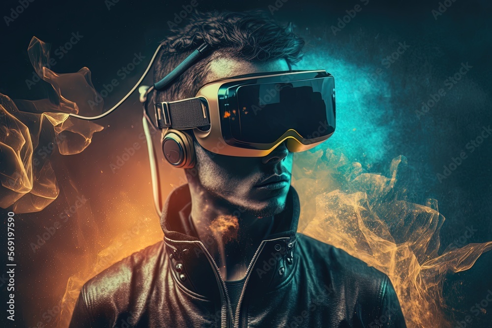 Metaverse technology neon concept. Man with VR virtual reality goggles. Neon light. AI Metaverse technology neon concept. Man with VR virtual reality goggles. Neon light. AI